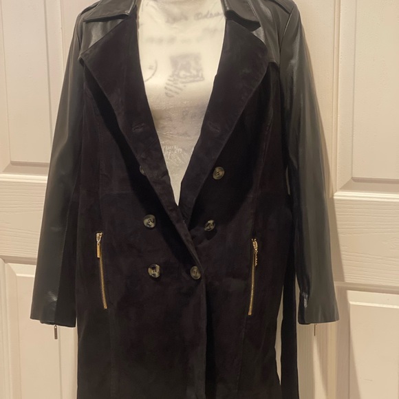 Iman black suede/leather trench coat size XL Double breasted - Picture 3 of 6